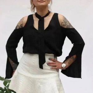 NWT Line & Dot Cupro Cold Shoulder Top Tie Neck Black Size Large L NEW